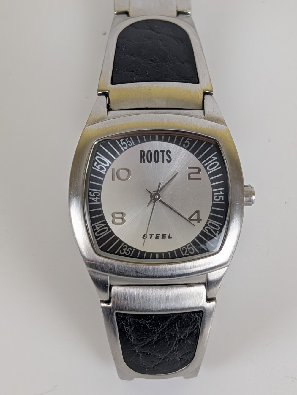 Roots Steel Silver Dial Stainless Steel Watch with Black Leather Accents